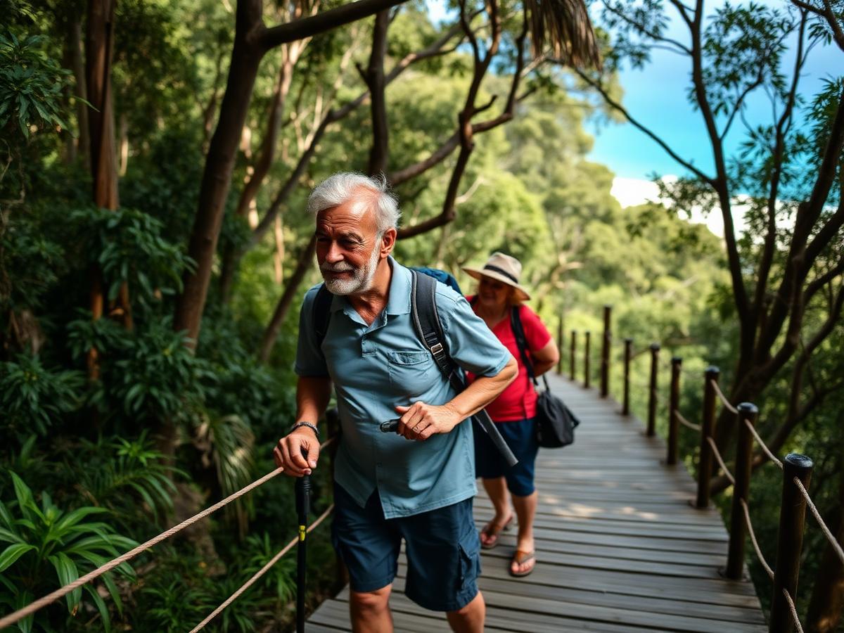 Two travellers making their way along a rainforest boardwalk near the coast; one uses a walking cane.