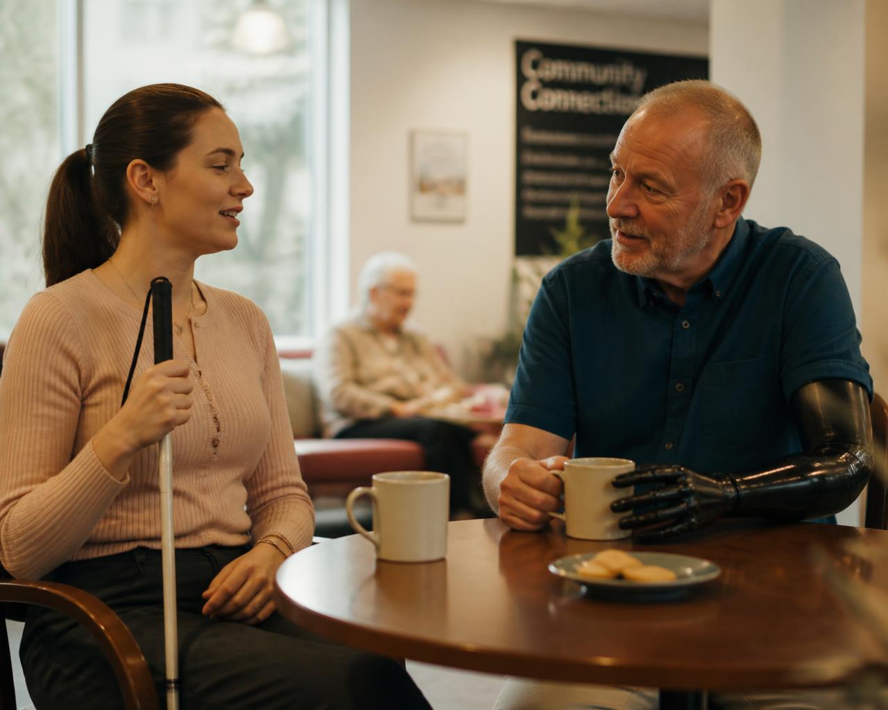 Two adults talking over tea at a community centre table; one holds a white cane and the other uses a prosthetic arm.