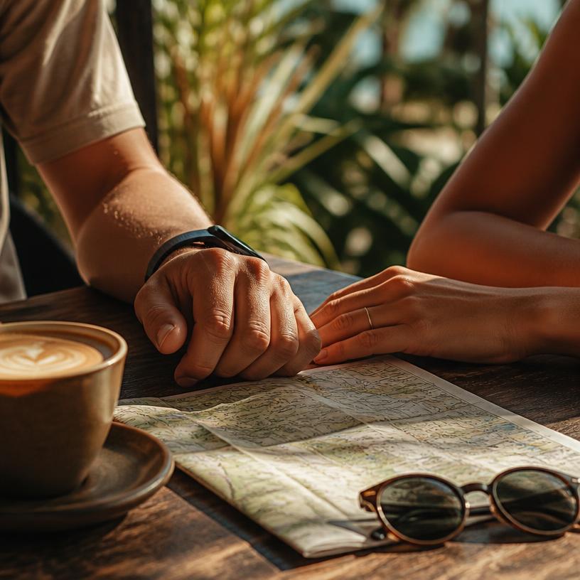 Two people's hands resting on a café table beside a folded paper map, a coffee and sunglasses.
