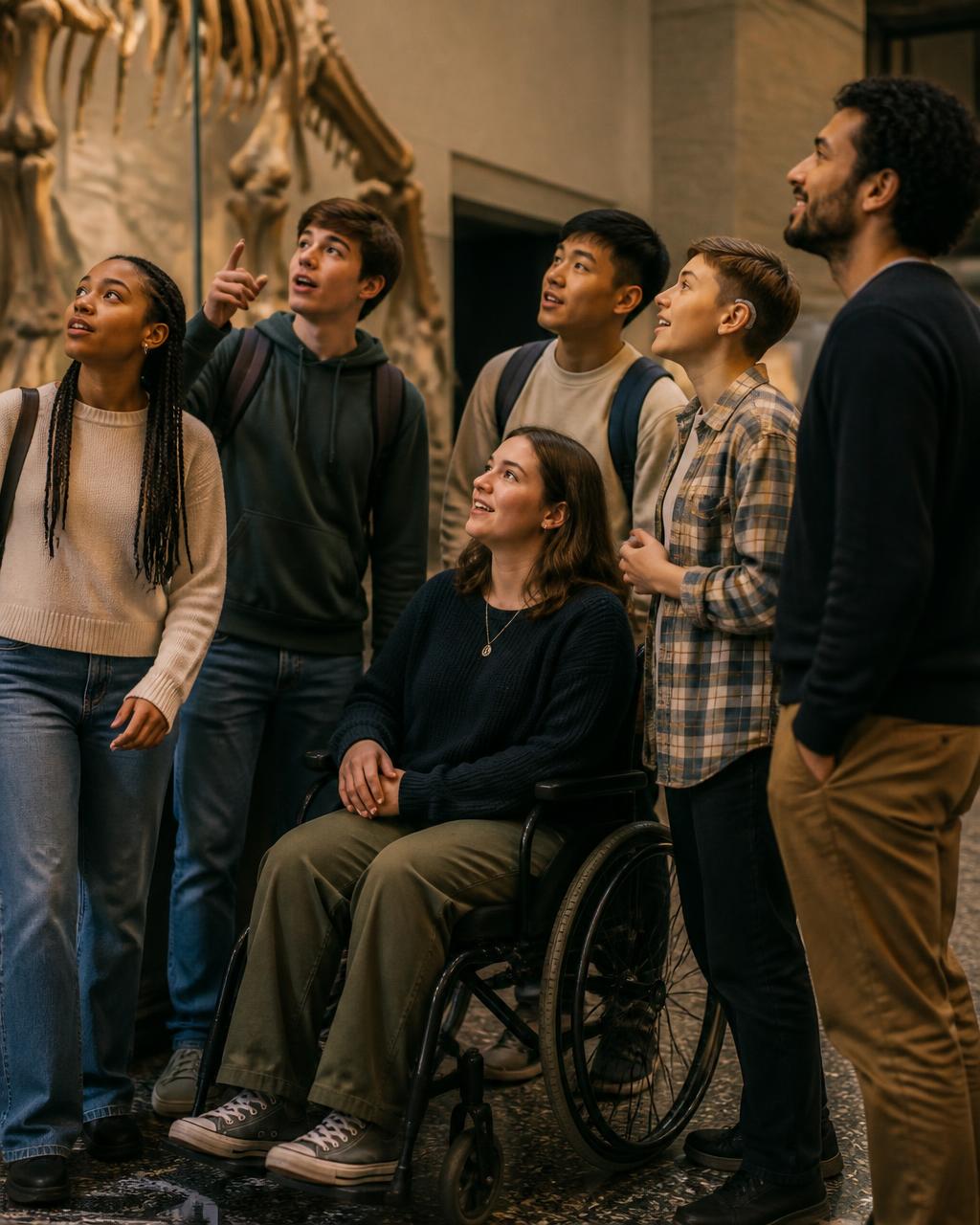A group of students and young adults exploring a museum gallery together; one uses a wheelchair and another wears a hearing aid.