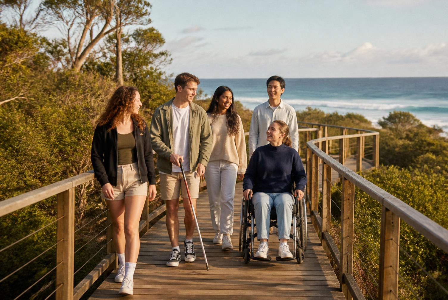Young people walking together along a coastal boardwalk through bushland; one uses a mobility cane and one uses a wheelchair.